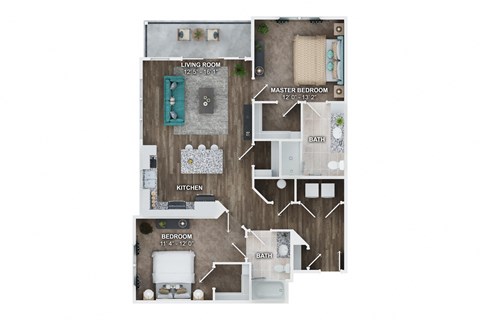 Floor plan for 2 beds, 2 baths, 1151 sqft